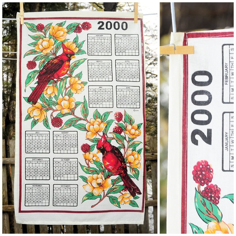 Vintage 2000 Two Cardinal Birds in Raspberry Bushes Calendar Towel Birthday Gift